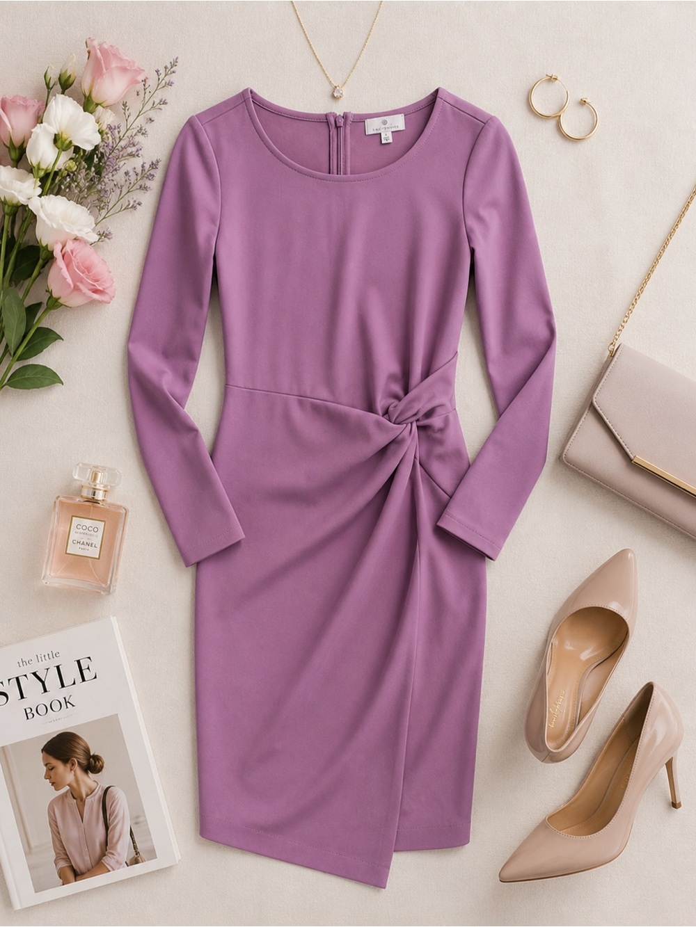 Socialite womens purple lilac 3/4 faux wrap midi dress size xs EUC
